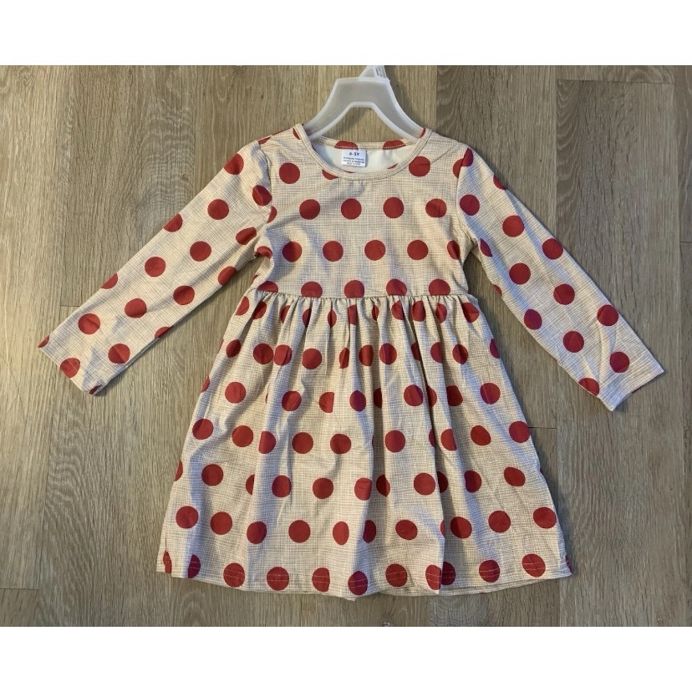 New Boutique Girl’s Size 4/5 Beige Ling Sleeve Dress With Red Polka Dot Pattern
